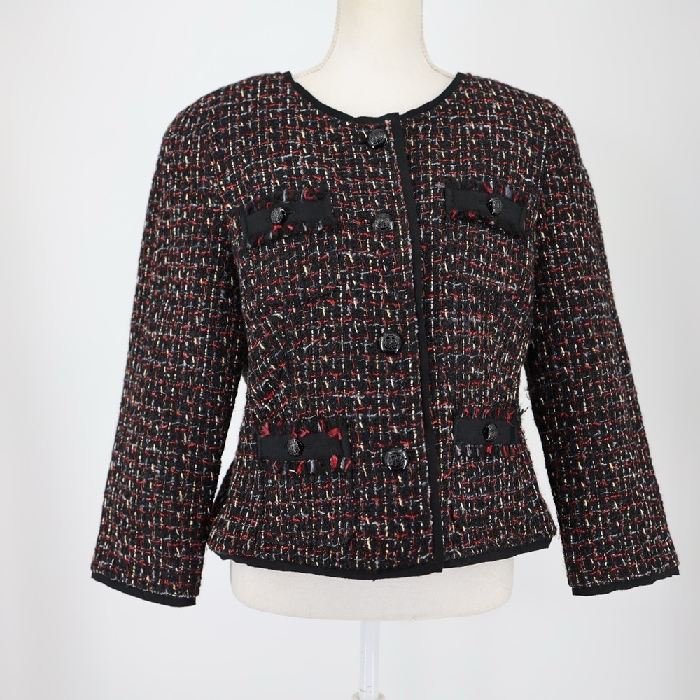 Talbots‎ Womens Blazer Wool Blend Bouclé Tweed Crop Jacket Black Red 14P